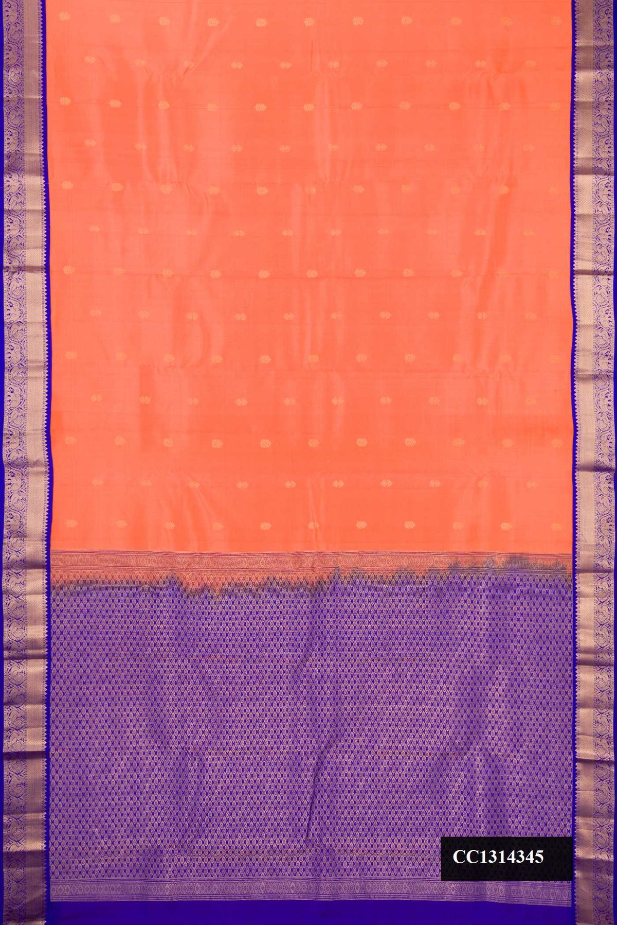 Peach Dual Tone Kanchipuram Silk Saree with Zari Butta on the body and Zari Border.  displayed on a mannequin