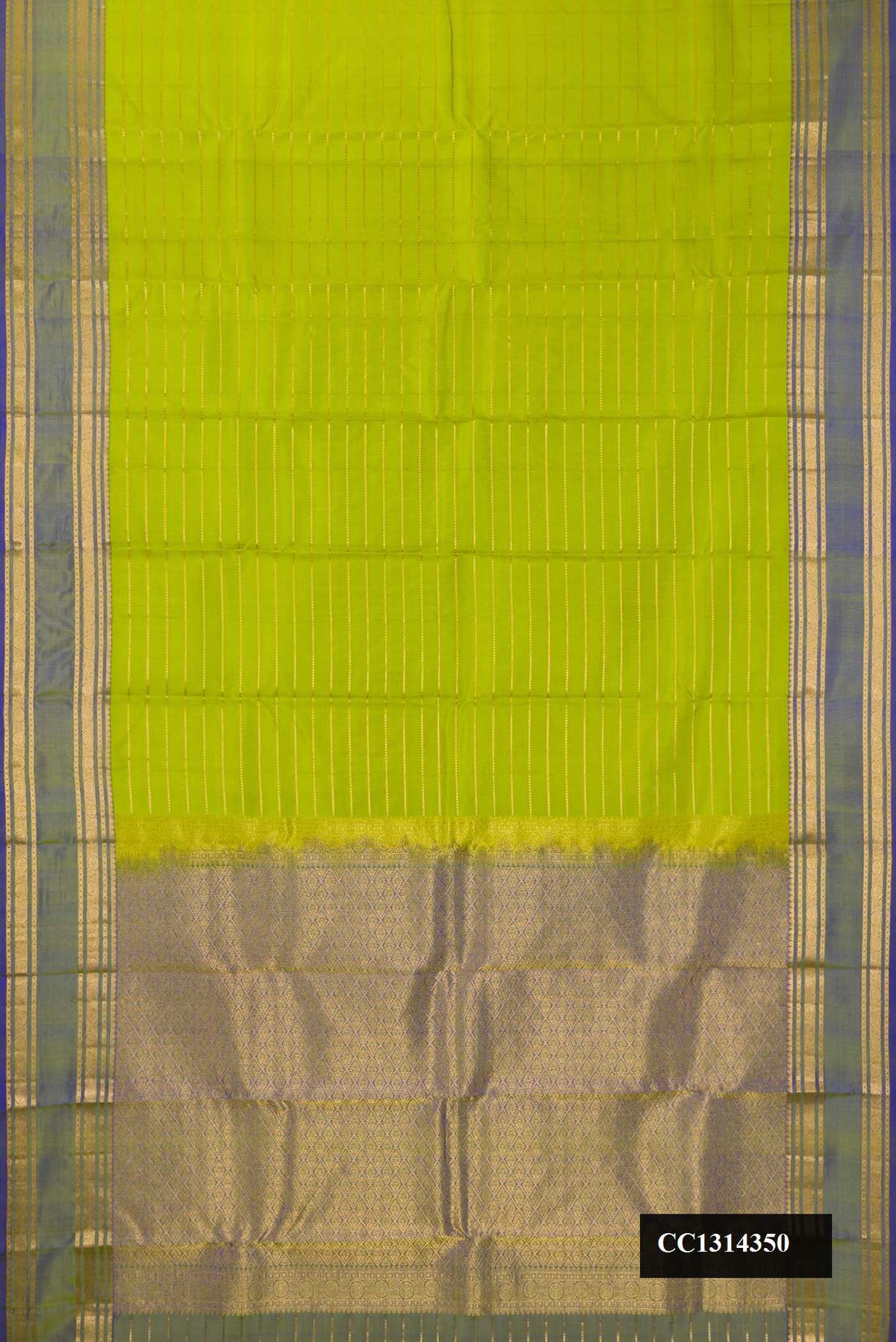 Parrot Green Dual Tone Kanchipuram Silk Saree with Veldhari on the body and Zari Border.  displayed on a mannequin