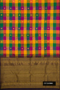 Multi Dual Tone Kanchipuram Silk Saree with Checked design on the body and Without Border.  displayed on a mannequin