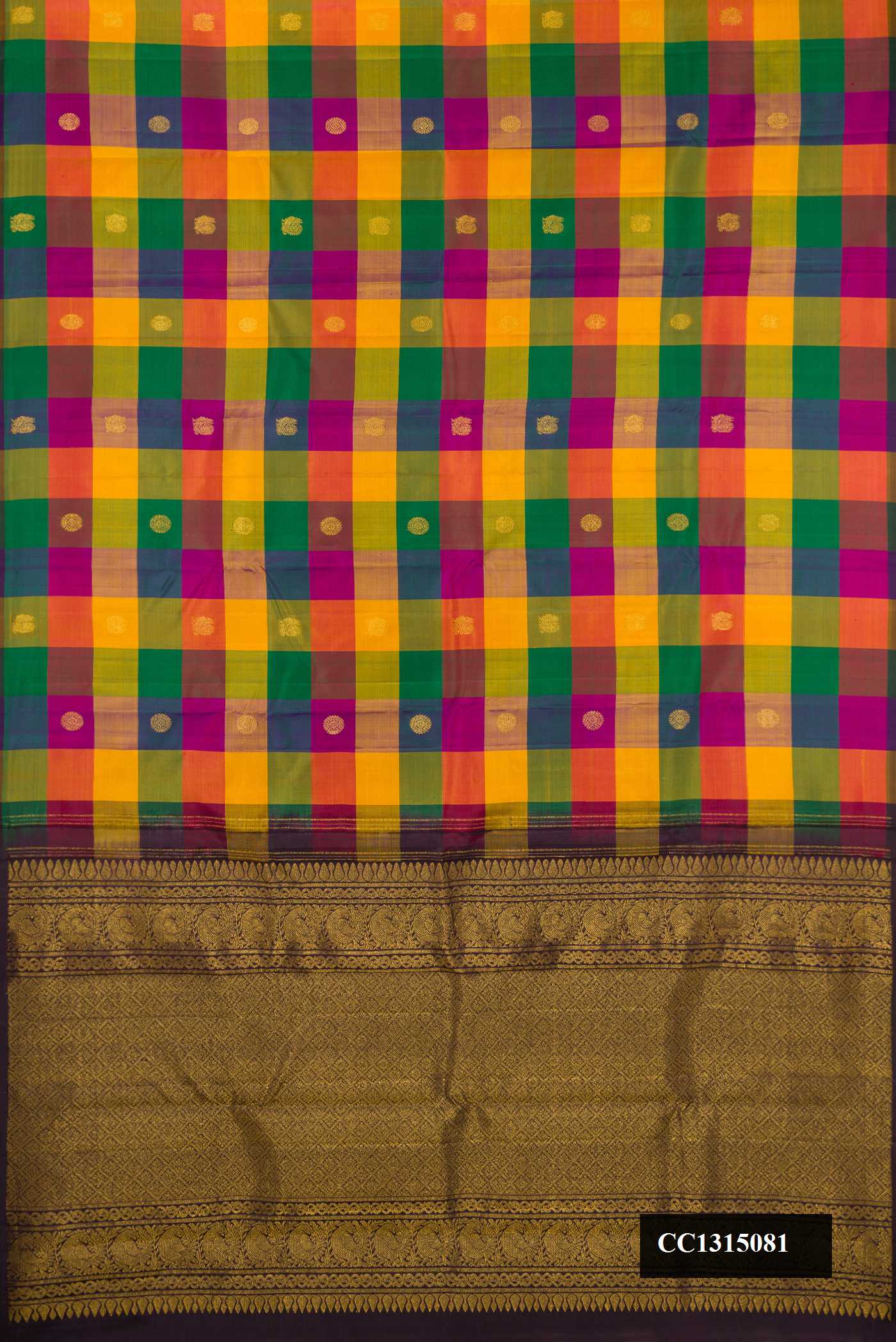 Multi Dual Tone Kanchipuram Silk Saree with Checked design on the body and Without Border.  displayed on a mannequin