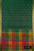 Bottle Green Dual Tone Kanchipuram Silk Saree with Zari Butta on the body and Zari Border.  displayed on a mannequin