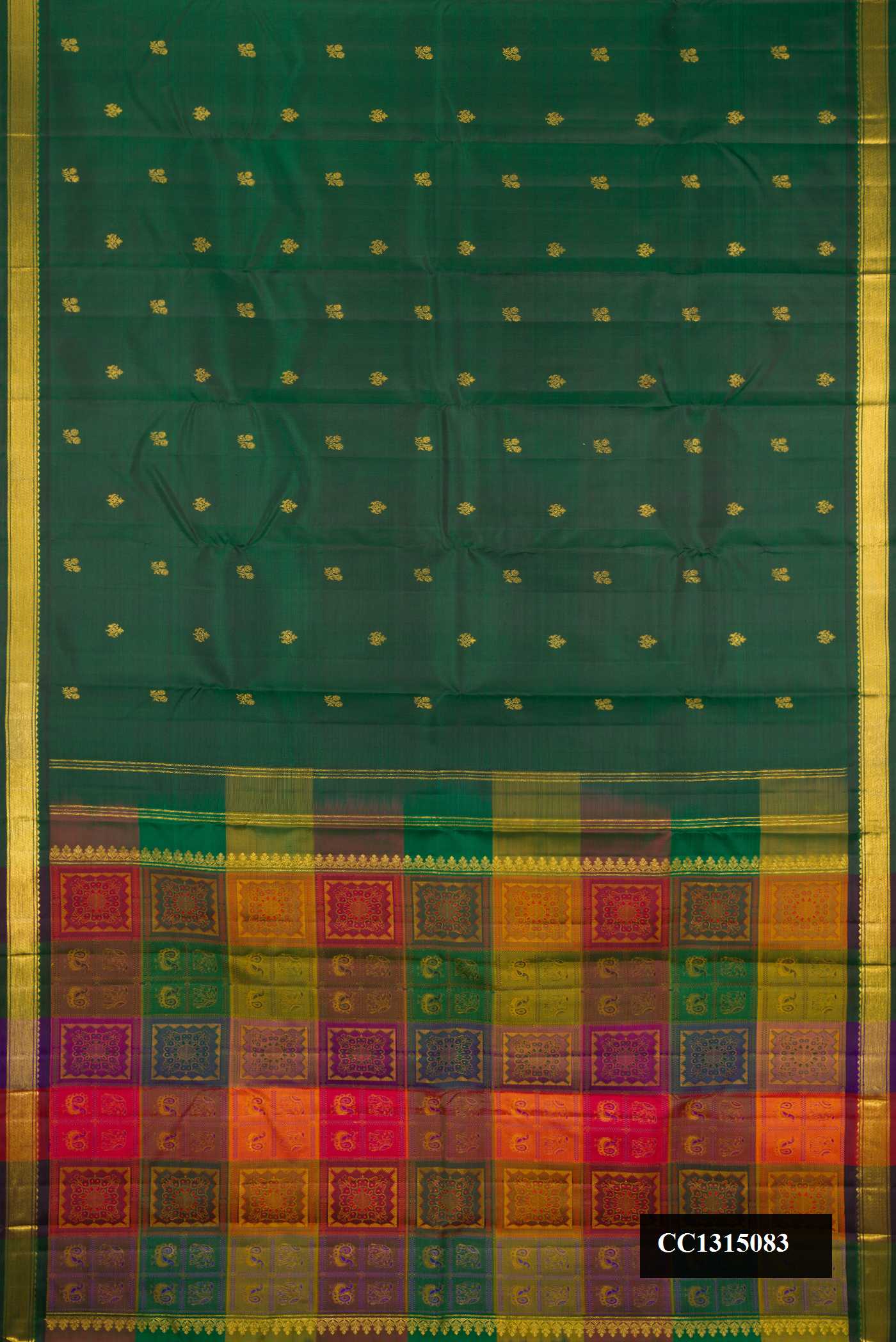 Bottle Green Dual Tone Kanchipuram Silk Saree with Zari Butta on the body and Zari Border.  displayed on a mannequin