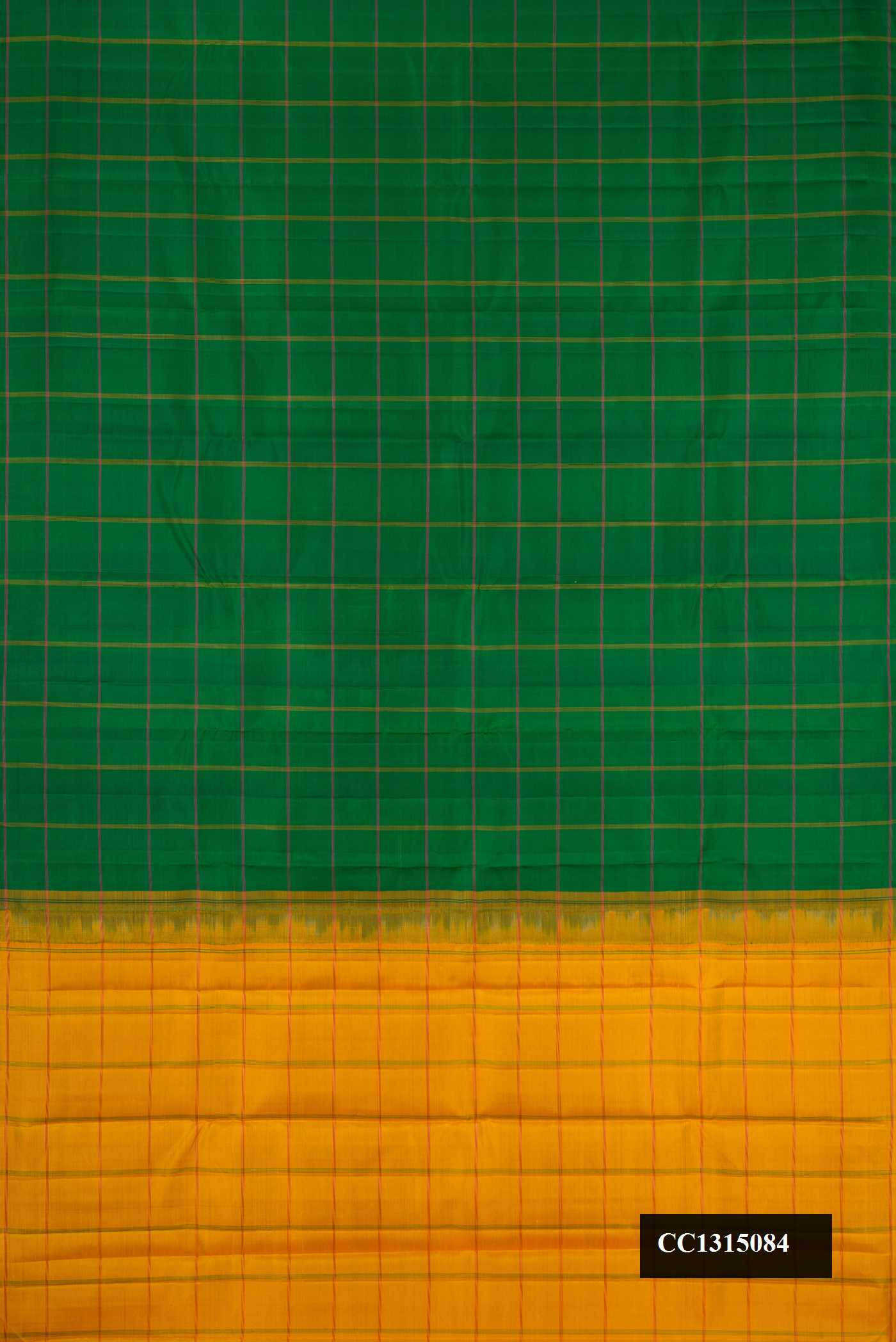 Bottle Green Dual Tone Kanchipuram Silk Saree with Checked design on the body and Without Border.  displayed on a mannequin