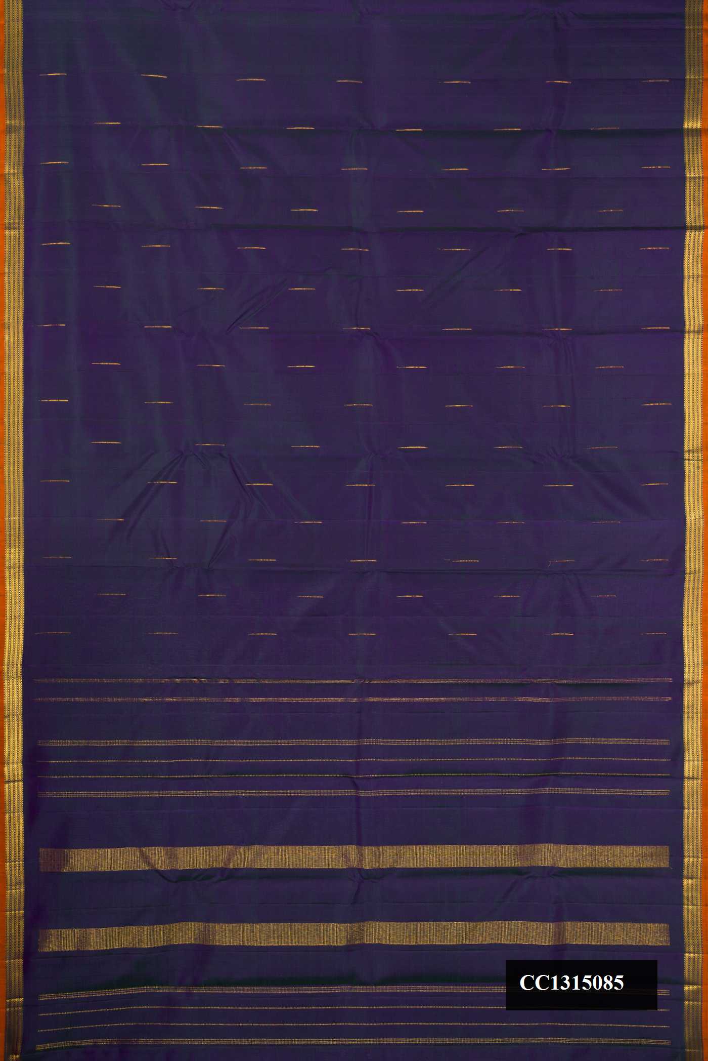 Peacock Blue Dual Tone Kanchipuram Silk Saree with Zari Butta on the body and Zari Border.  displayed on a mannequin