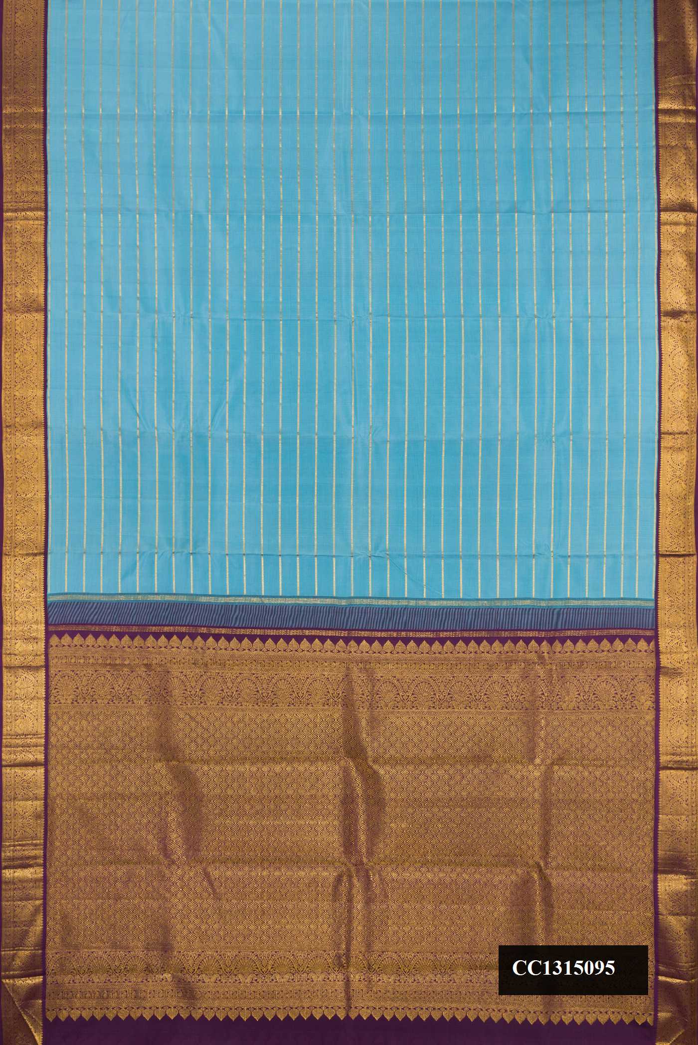 Sky Blue Dual Tone Kanchipuram Silk Saree with Veldhari on the body and Zari Border.  displayed on a mannequin