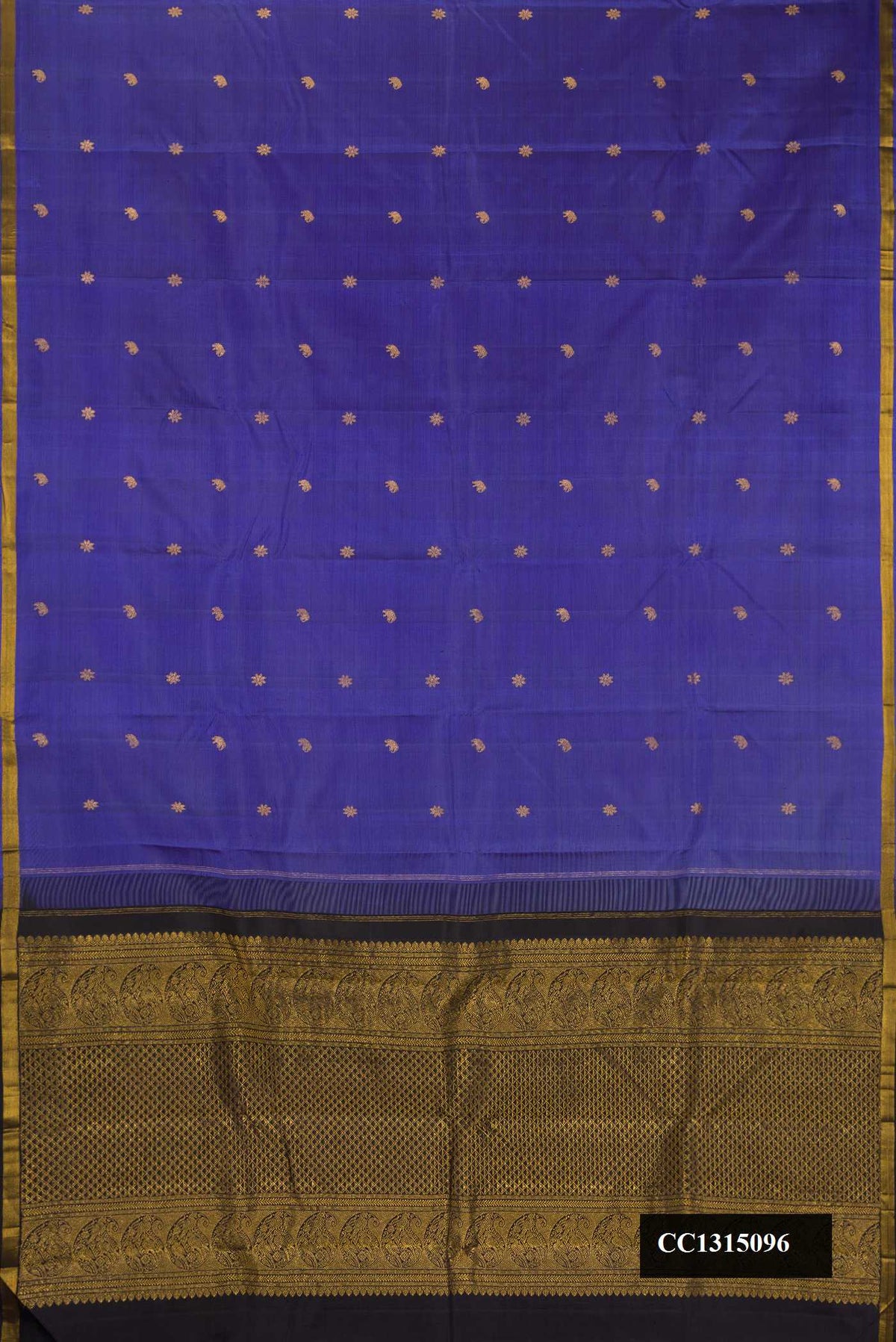 Maya Blue Dual Tone Kanchipuram Silk Saree with Zari Butta on the body and Zari Border.  displayed on a mannequin