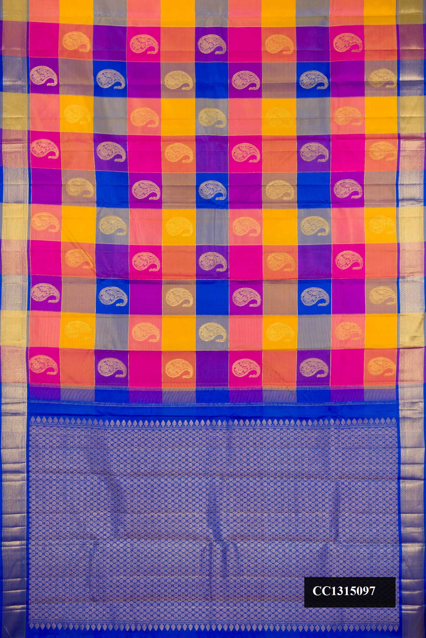 Multi Dual Tone Kanchipuram Silk Saree with Checked design on the body and Zari Border.  displayed on a mannequin