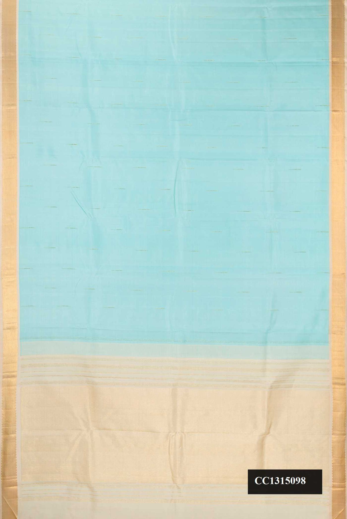 Light Blue Dual Tone Kanchipuram Silk Saree with Zari Butta on the body and Zari Border.  displayed on a mannequin