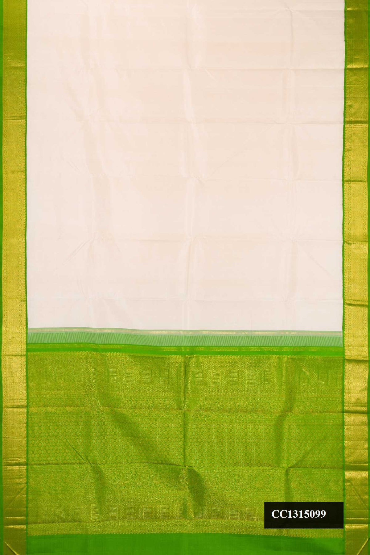 Off White Dual Tone Kanchipuram Silk Saree with Plain Body and Zari Border.  displayed on a mannequin