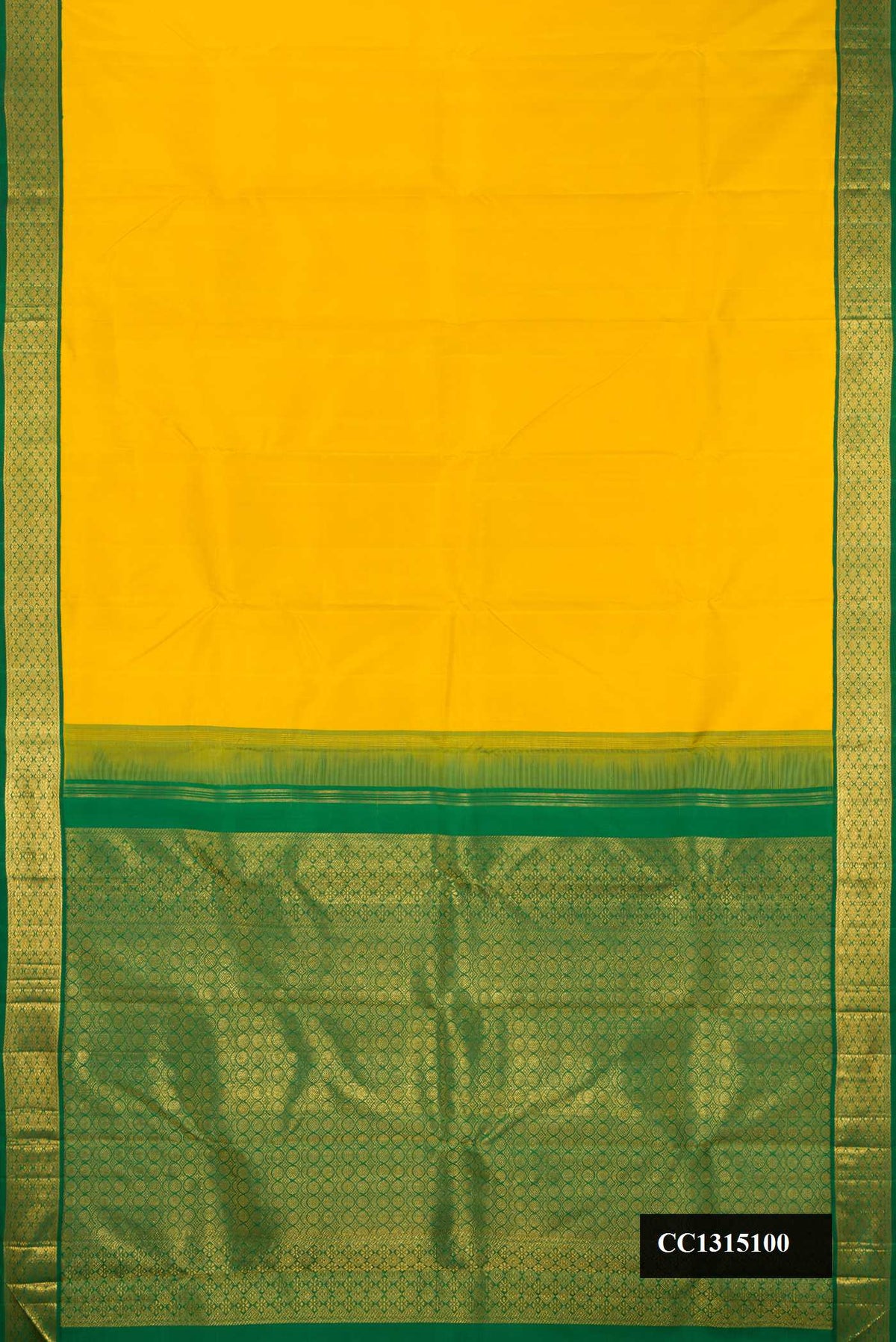 Lemon Yellow Dual Tone Kanchipuram Silk Saree with Plain Body and Zari Border.  displayed on a mannequin