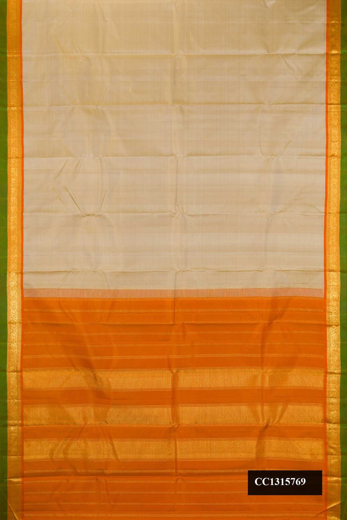 Beige Dual Tone Kanchipuram Silk Saree with Stripes on the body and Zari Border.  displayed on a mannequin
