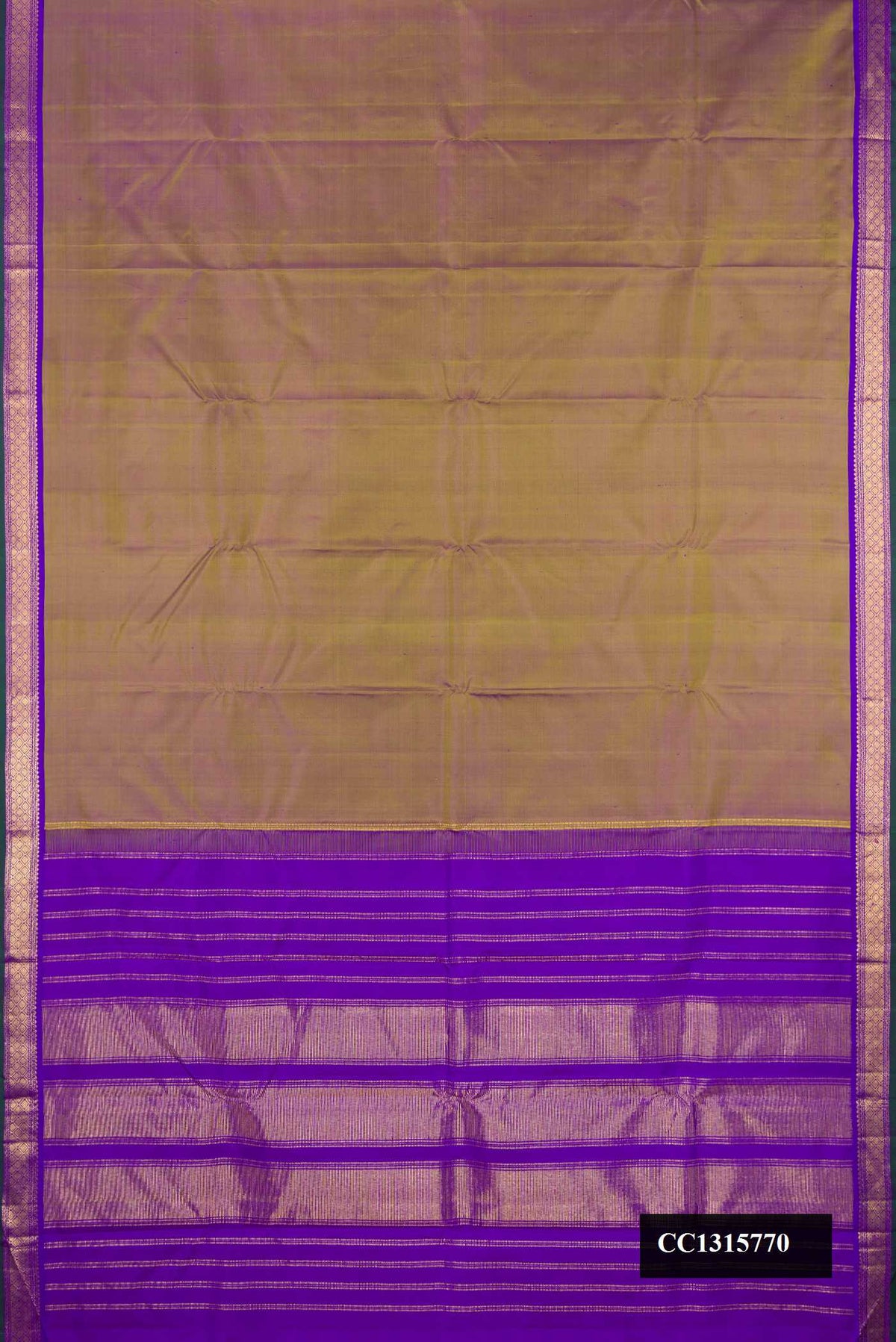 Mehandi Green Dual Tone Kanchipuram Silk Saree with Plain Body and Zari Border.  displayed on a mannequin