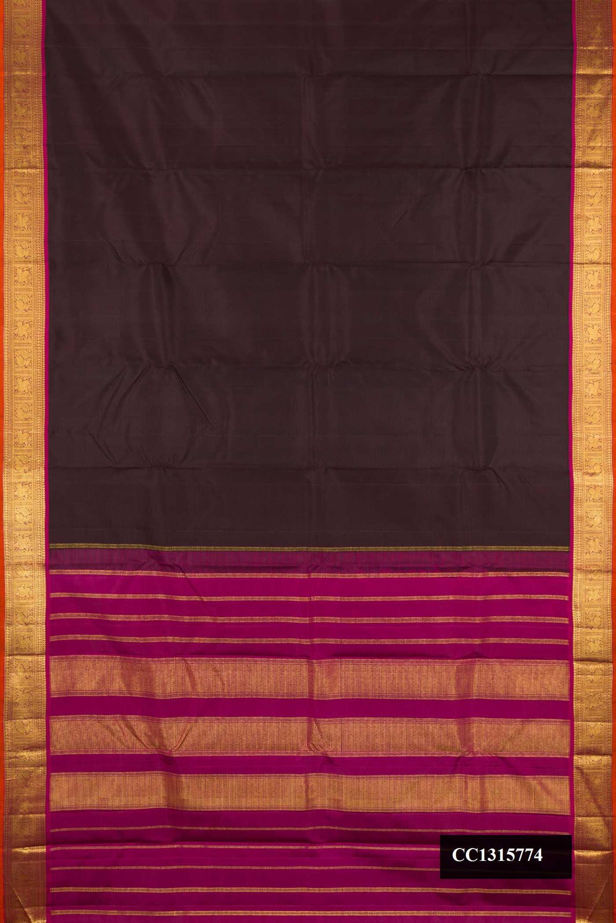 Coffee Brown Dual Tone Kanchipuram Silk Saree with Plain Body and Zari Border.  displayed on a mannequin