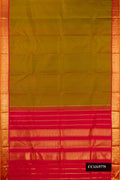 Mehandi Green Dual Tone Kanchipuram Silk Saree with Plain Body and Zari Border.  displayed on a mannequin