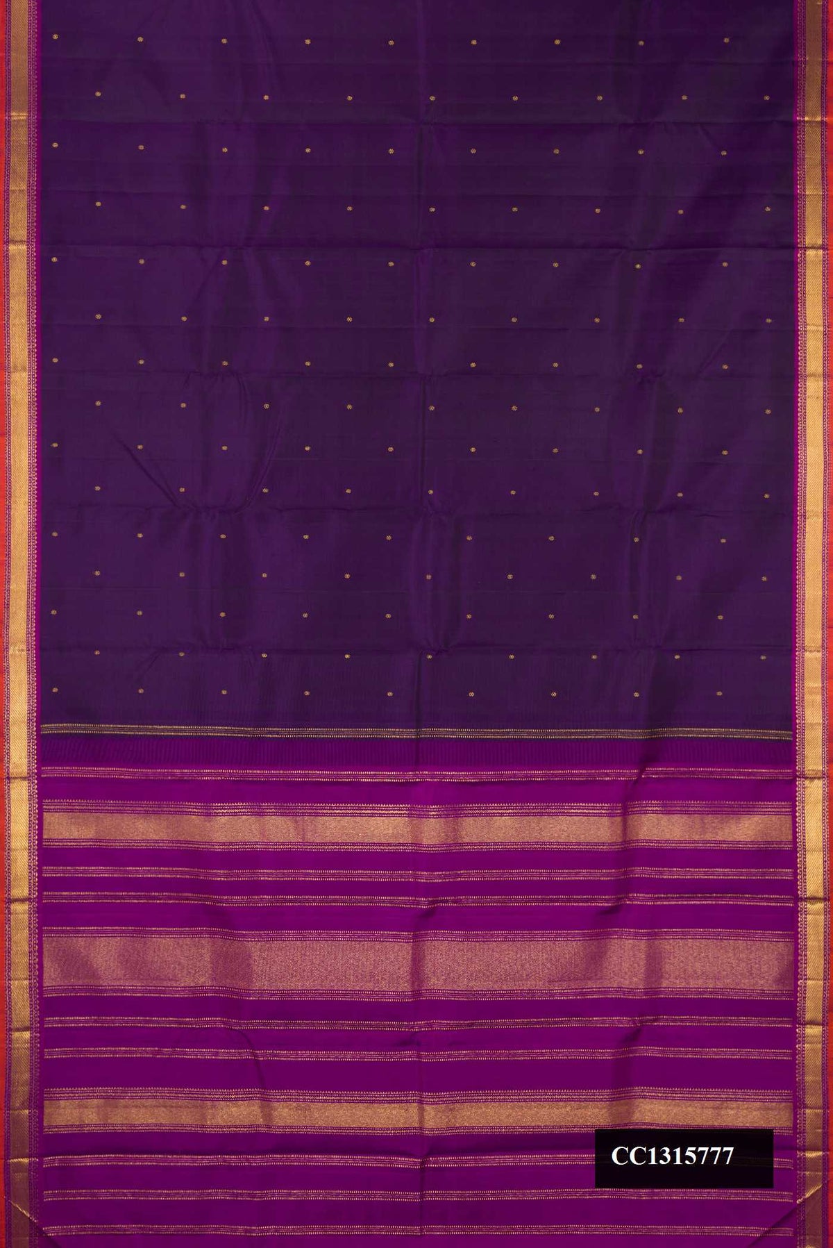Violet Dual Tone Kanchipuram Silk Saree with Zari Butta on the body and Zari Border.  displayed on a mannequin