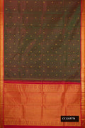 Mehandi Green Dual Tone Kanchipuram Silk Saree with Zari Butta on the body and Zari Border.  displayed on a mannequin
