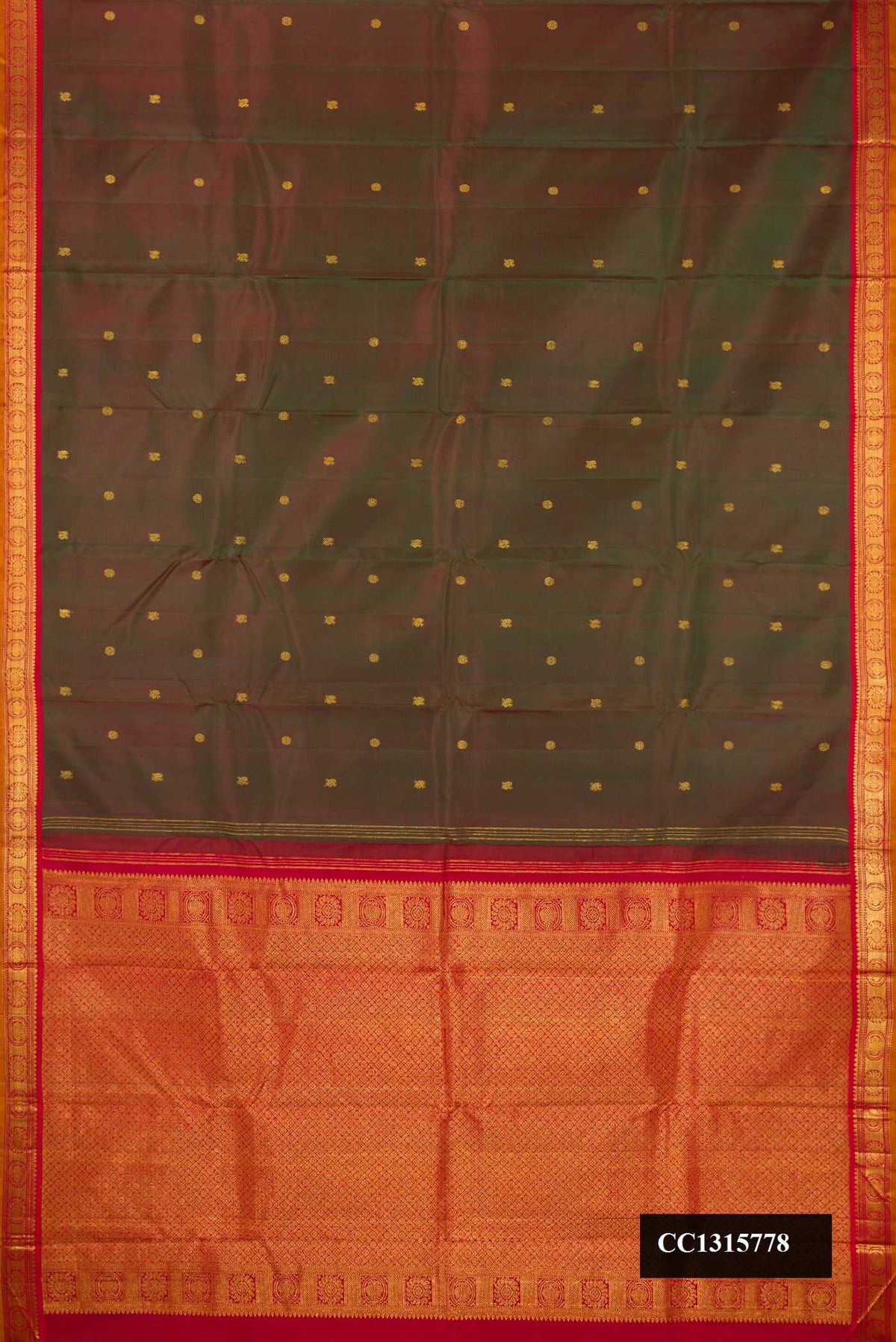 Mehandi Green Dual Tone Kanchipuram Silk Saree with Zari Butta on the body and Zari Border.  displayed on a mannequin