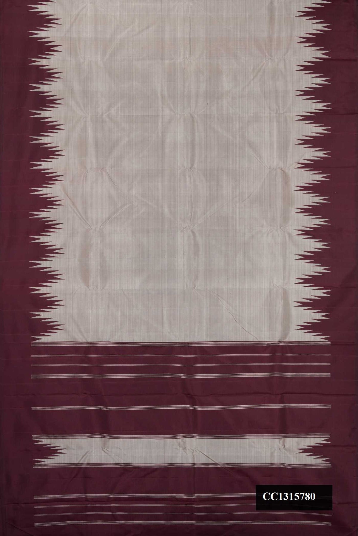Grey Dual Tone Kanchipuram Silk Saree with Plain Body and Temple Border.  displayed on a mannequin