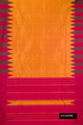 Mustard Dual Tone Kanchipuram Silk Saree with Plain Body and Temple Border.  displayed on a mannequin