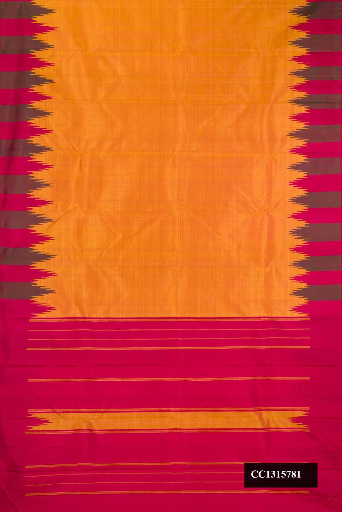 Mustard Dual Tone Kanchipuram Silk Saree with Plain Body and Temple Border.  displayed on a mannequin