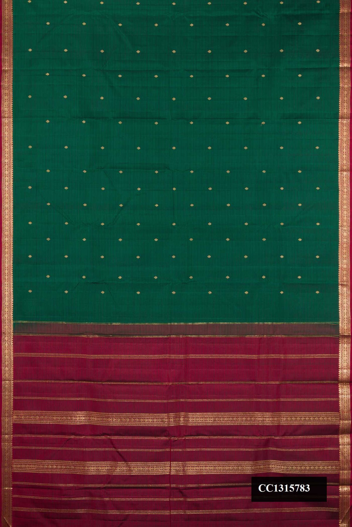 Bottle Green Dual Tone Kanchipuram Silk Saree with Stripes on the body and Zari Border.  displayed on a mannequin