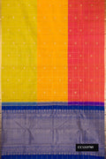 Multi Dual Tone Kanchipuram Silk Saree with Checked design on the body and Zari Border.  displayed on a mannequin