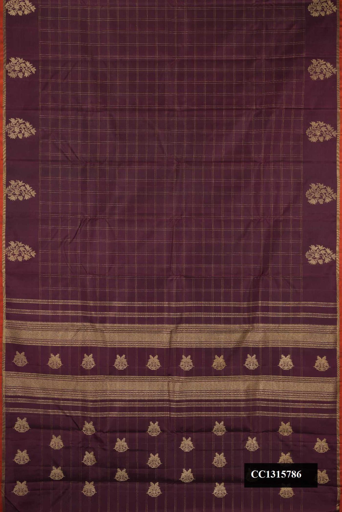 Coffee Brown Dual Tone Kanchipuram Silk Saree with Checked design on the body and Fancy Border.  displayed on a mannequin