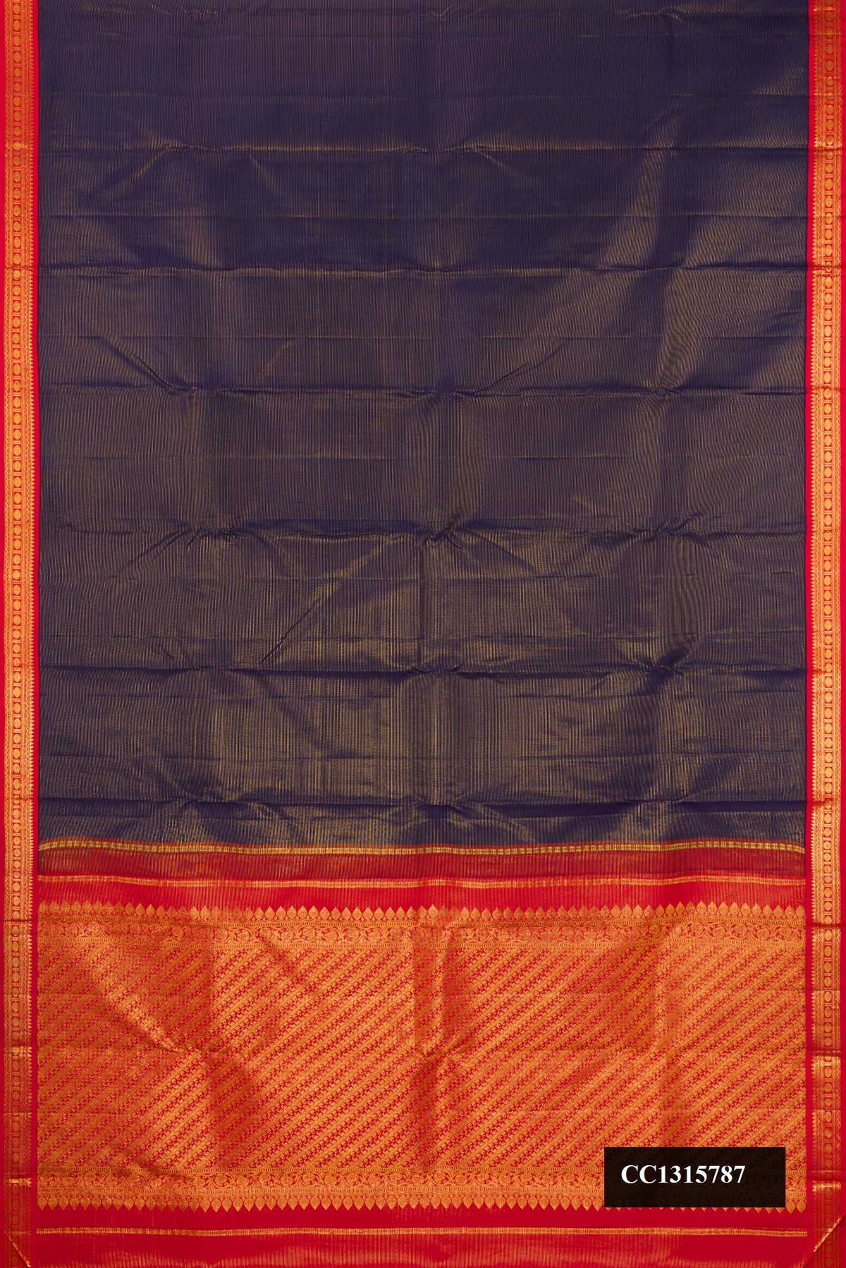 Navy Blue Dual Tone Kanchipuram Silk Saree with Stripes on the body and Zari Border.  displayed on a mannequin