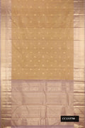 Beige Dual Tone Kanchipuram Silk Saree with Checked design on the body and Zari Border.  displayed on a mannequin