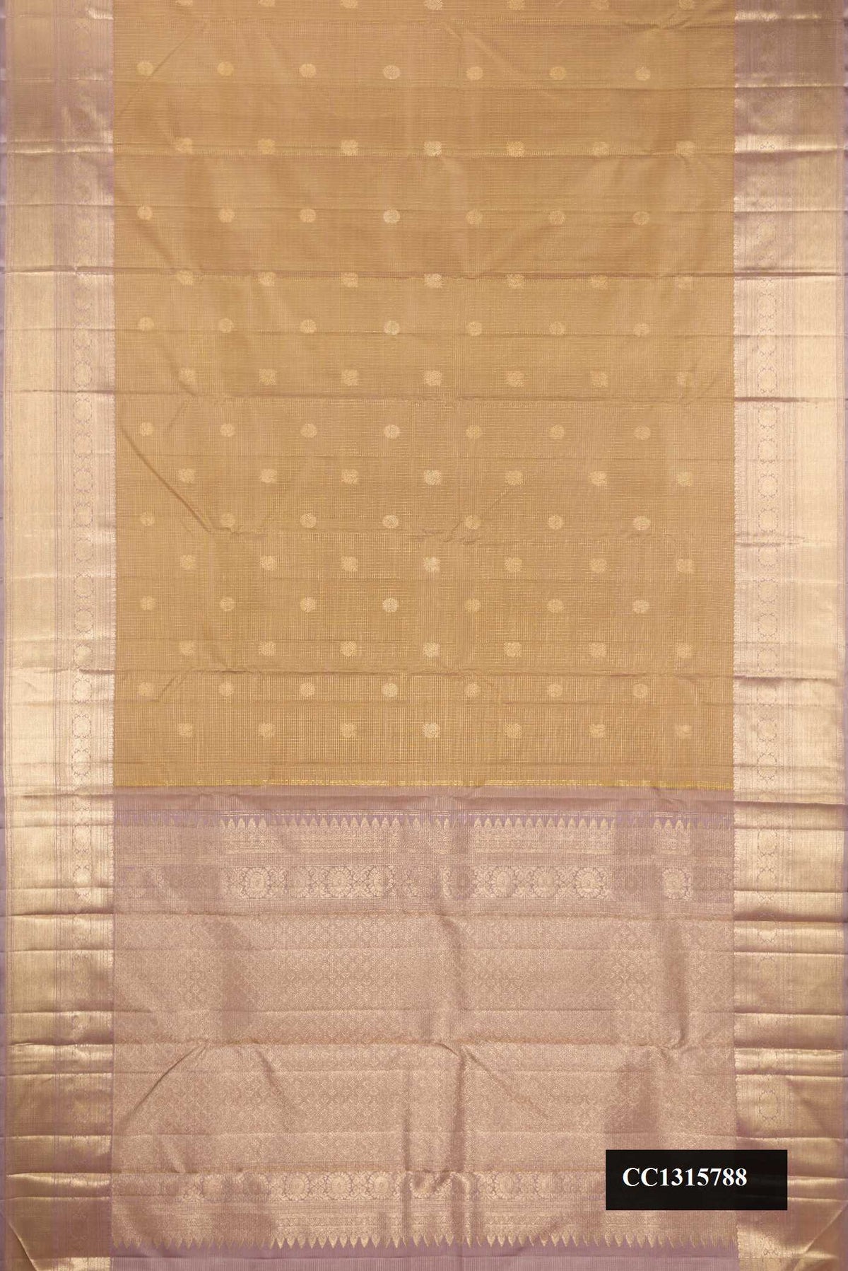 Beige Dual Tone Kanchipuram Silk Saree with Checked design on the body and Zari Border.  displayed on a mannequin