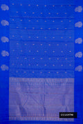 Royal Blue Dual Tone Kanchipuram Silk Saree with Stripes on the body and Fancy Border.  displayed on a mannequin