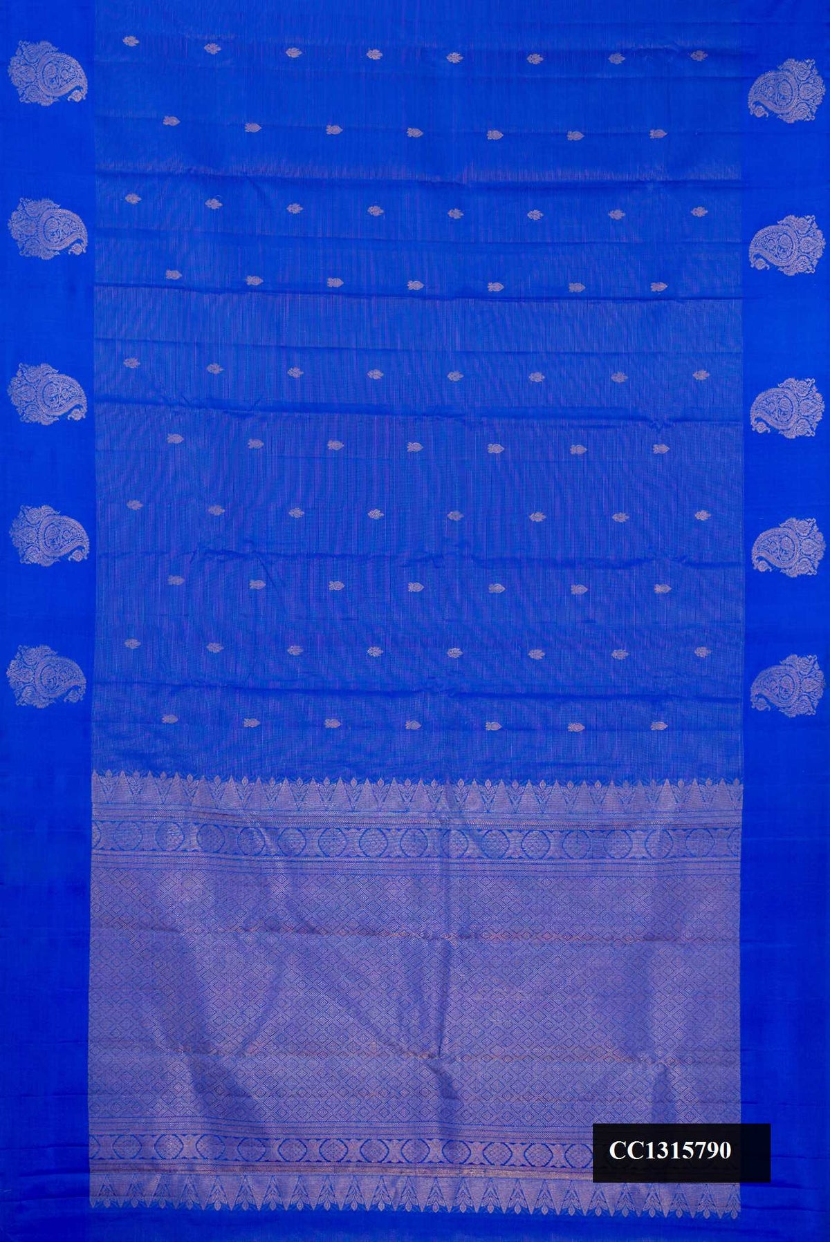 Royal Blue Dual Tone Kanchipuram Silk Saree with Stripes on the body and Fancy Border.  displayed on a mannequin