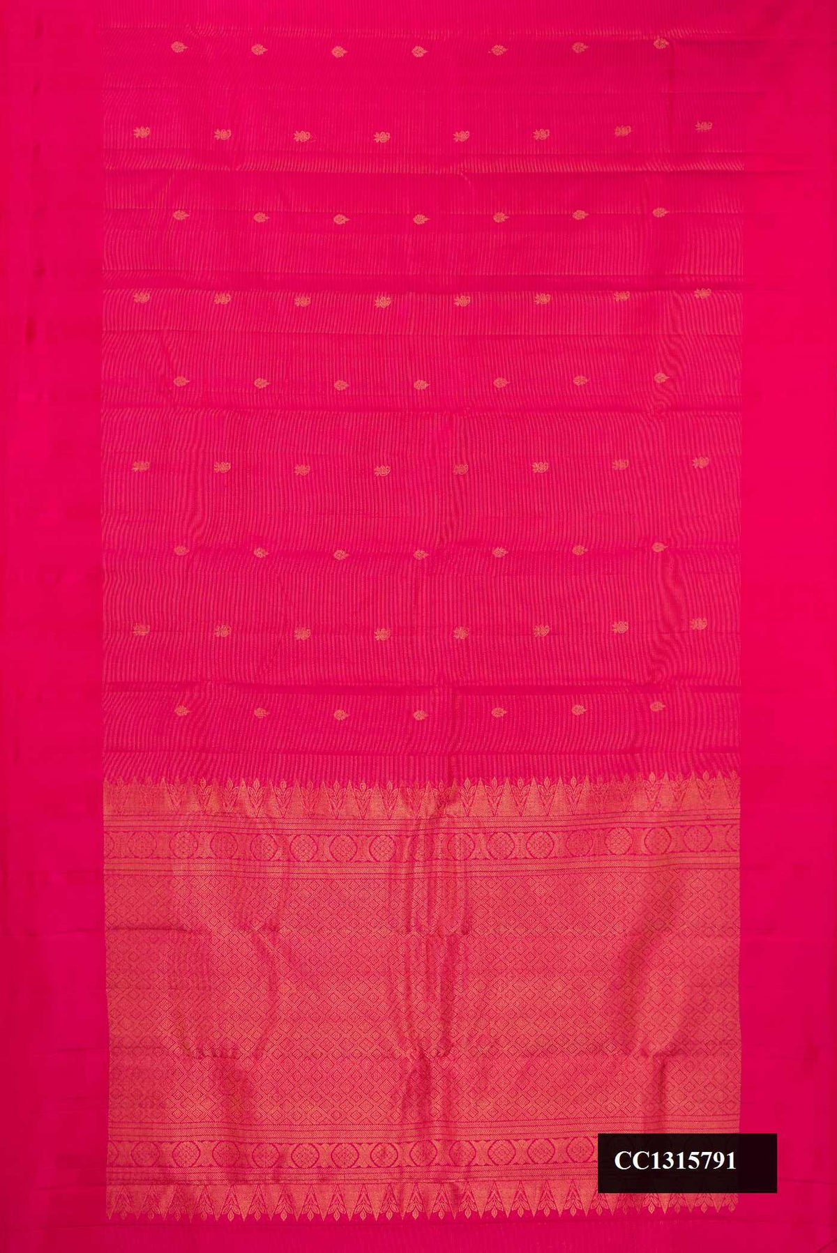 Dark Pink Dual Tone Kanchipuram Silk Saree with Stripes on the body and Plain Border.  displayed on a mannequin