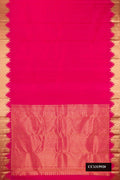 Dark Pink Dual Tone Kanchipuram Silk Saree with Plain Body and Temple Border.  displayed on a mannequin