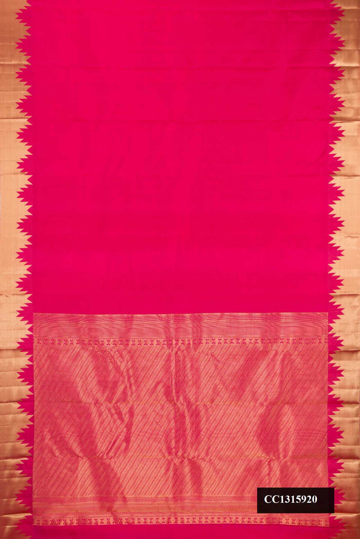 Dark Pink Dual Tone Kanchipuram Silk Saree with Plain Body and Temple Border.  displayed on a mannequin