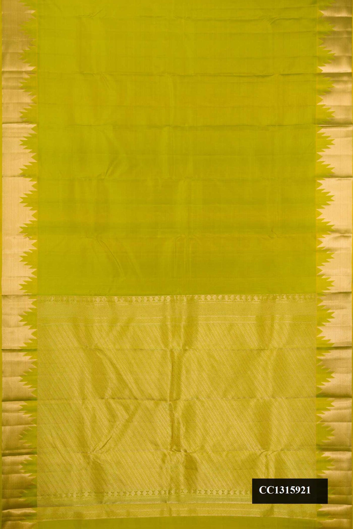 Green Dual Tone Kanchipuram Silk Saree with Plain Body and Temple Border.  displayed on a mannequin