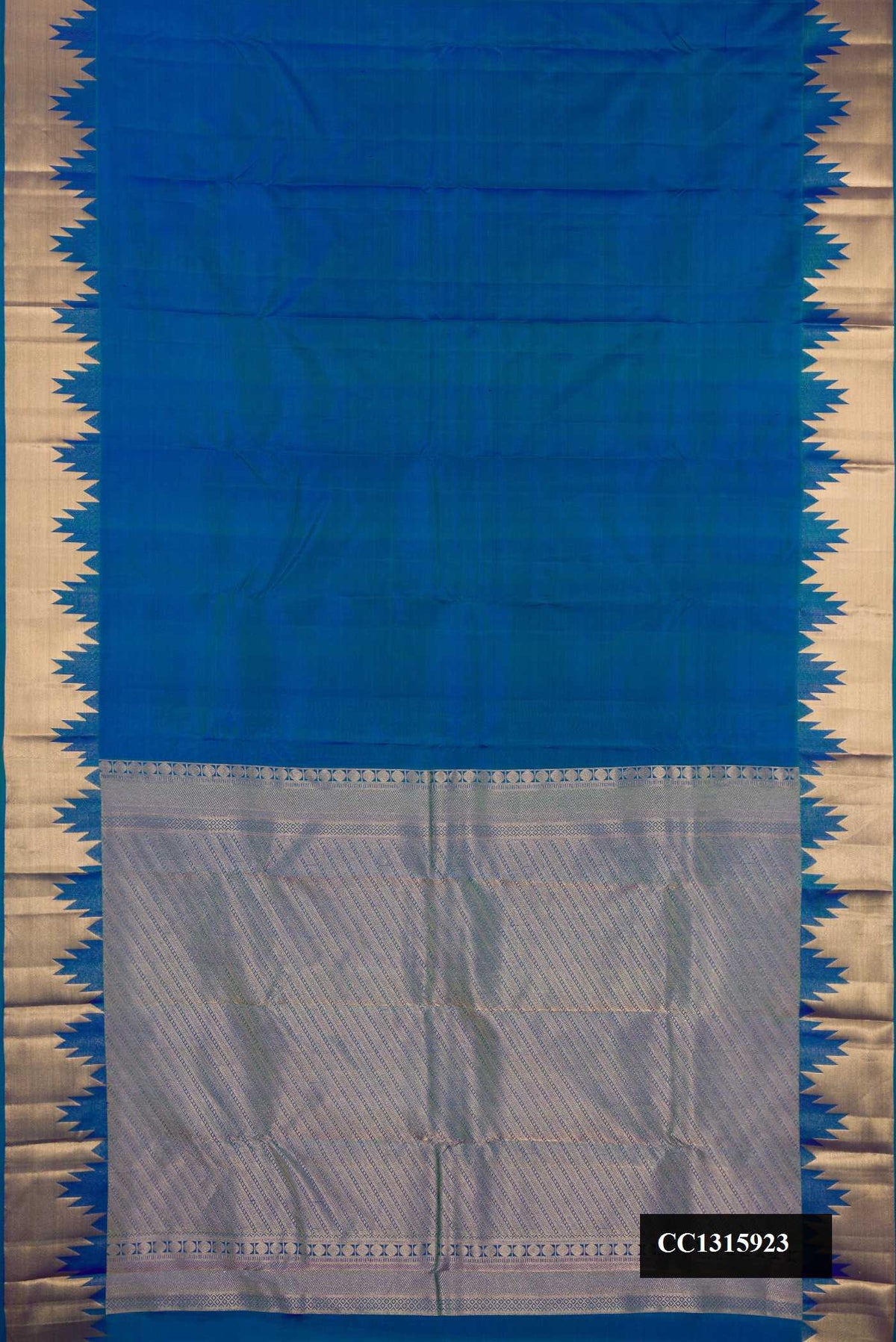 Peacock Blue Dual Tone Kanchipuram Silk Saree with Plain Body and Temple Border.  displayed on a mannequin