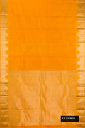 Mustard Dual Tone Kanchipuram Silk Saree with Plain Body and Temple Border.  displayed on a mannequin