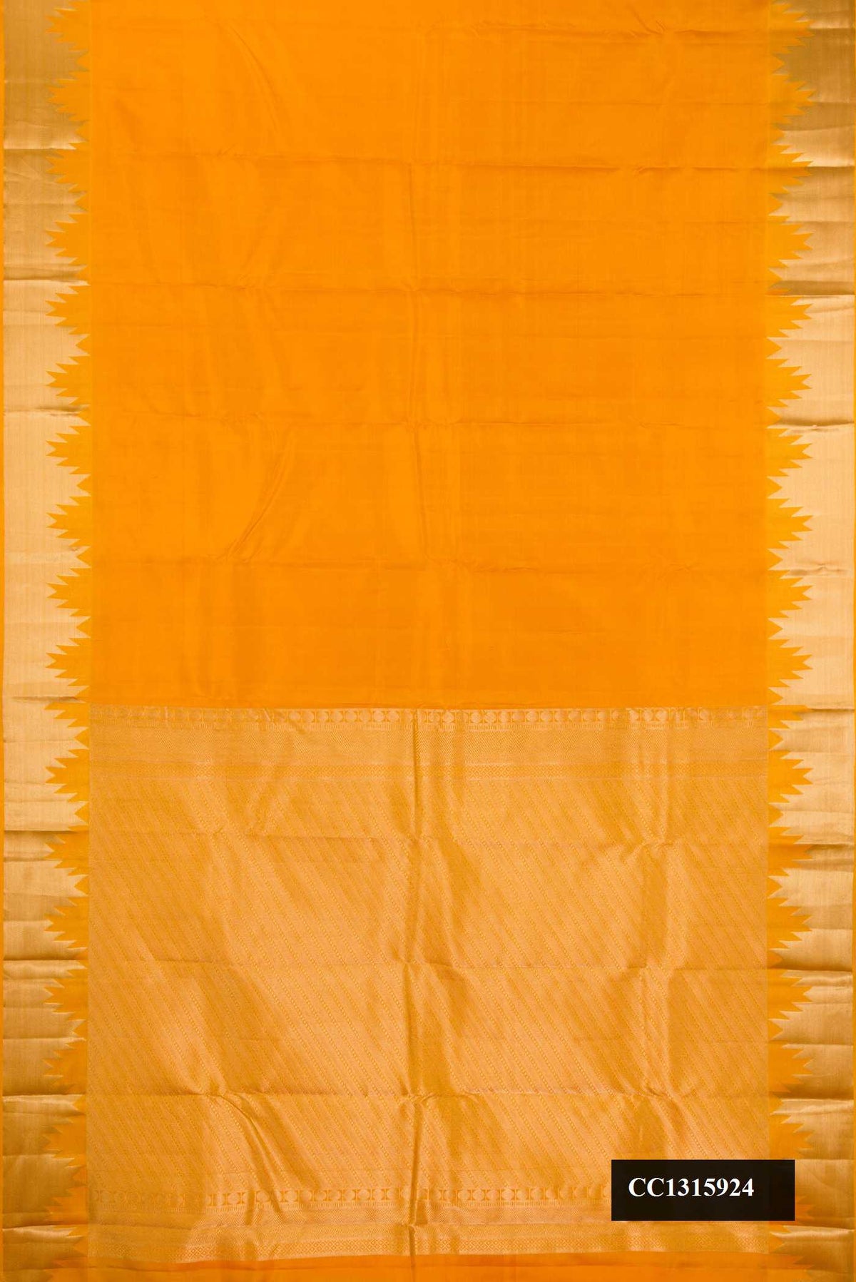 Mustard Dual Tone Kanchipuram Silk Saree with Plain Body and Temple Border.  displayed on a mannequin