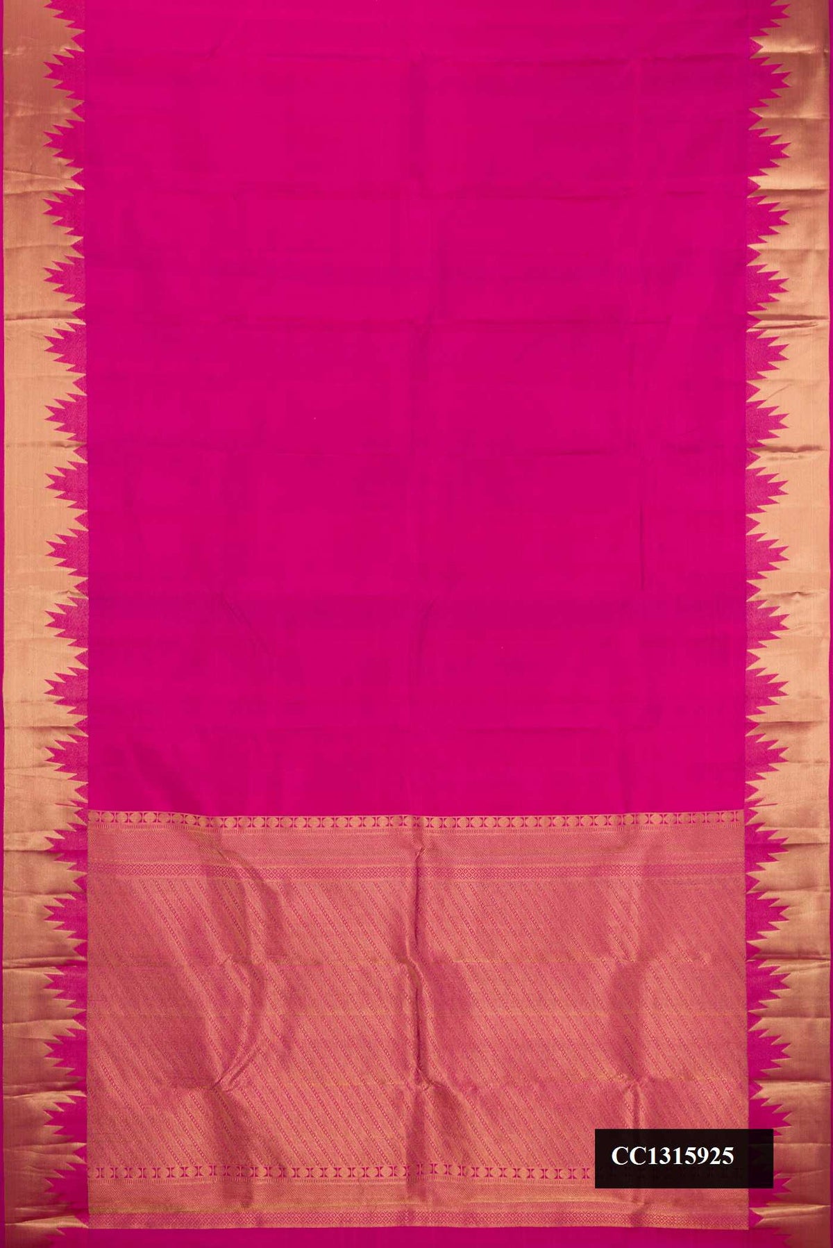 Pink Dual Tone Kanchipuram Silk Saree with Plain Body and Temple Border.  displayed on a mannequin