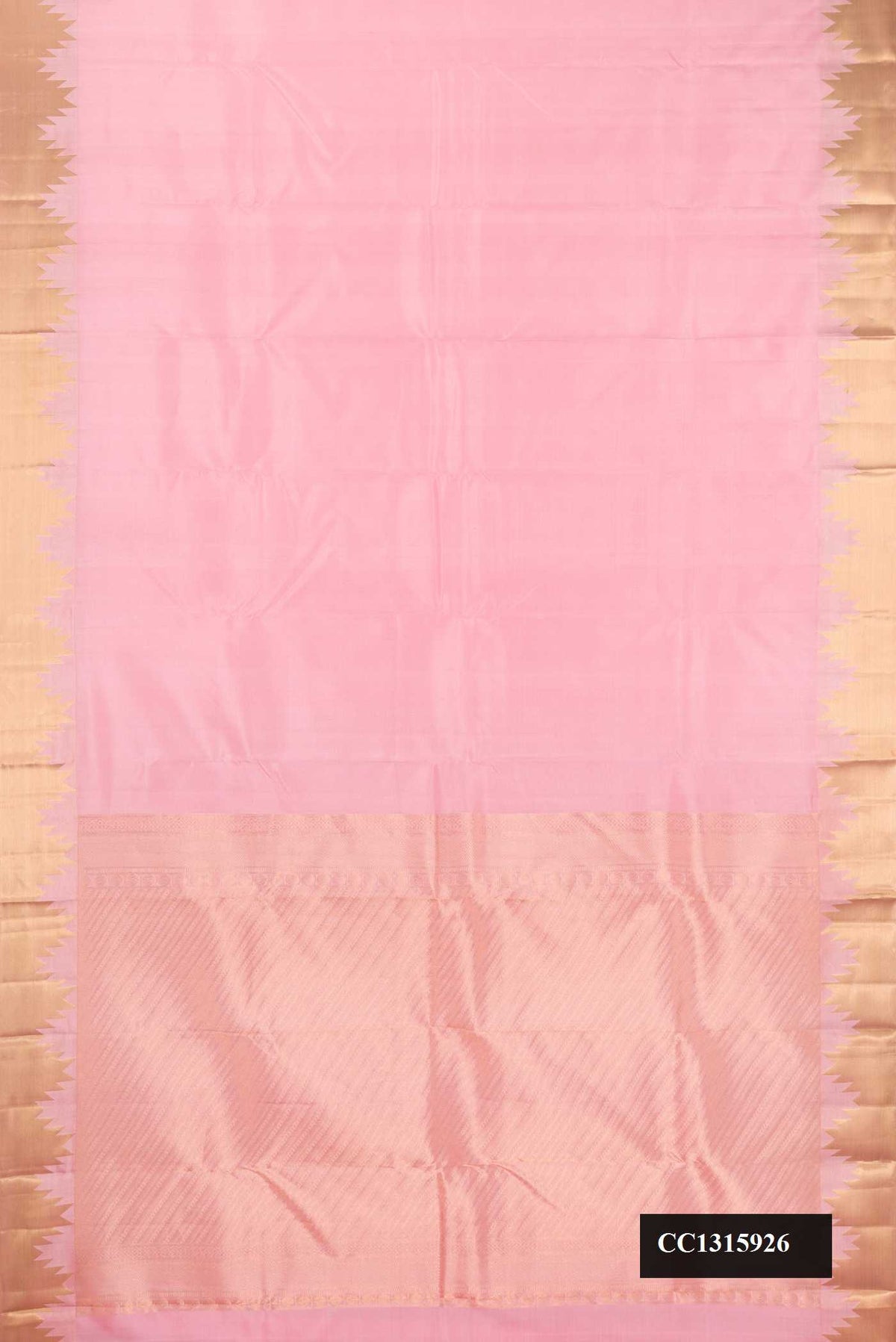 Rose pink Dual Tone Kanchipuram Silk Saree with Plain Body and Temple Border.  displayed on a mannequin