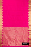 Dark Pink Dual Tone Kanchipuram Silk Saree with Plain Body and Temple Border.  displayed on a mannequin