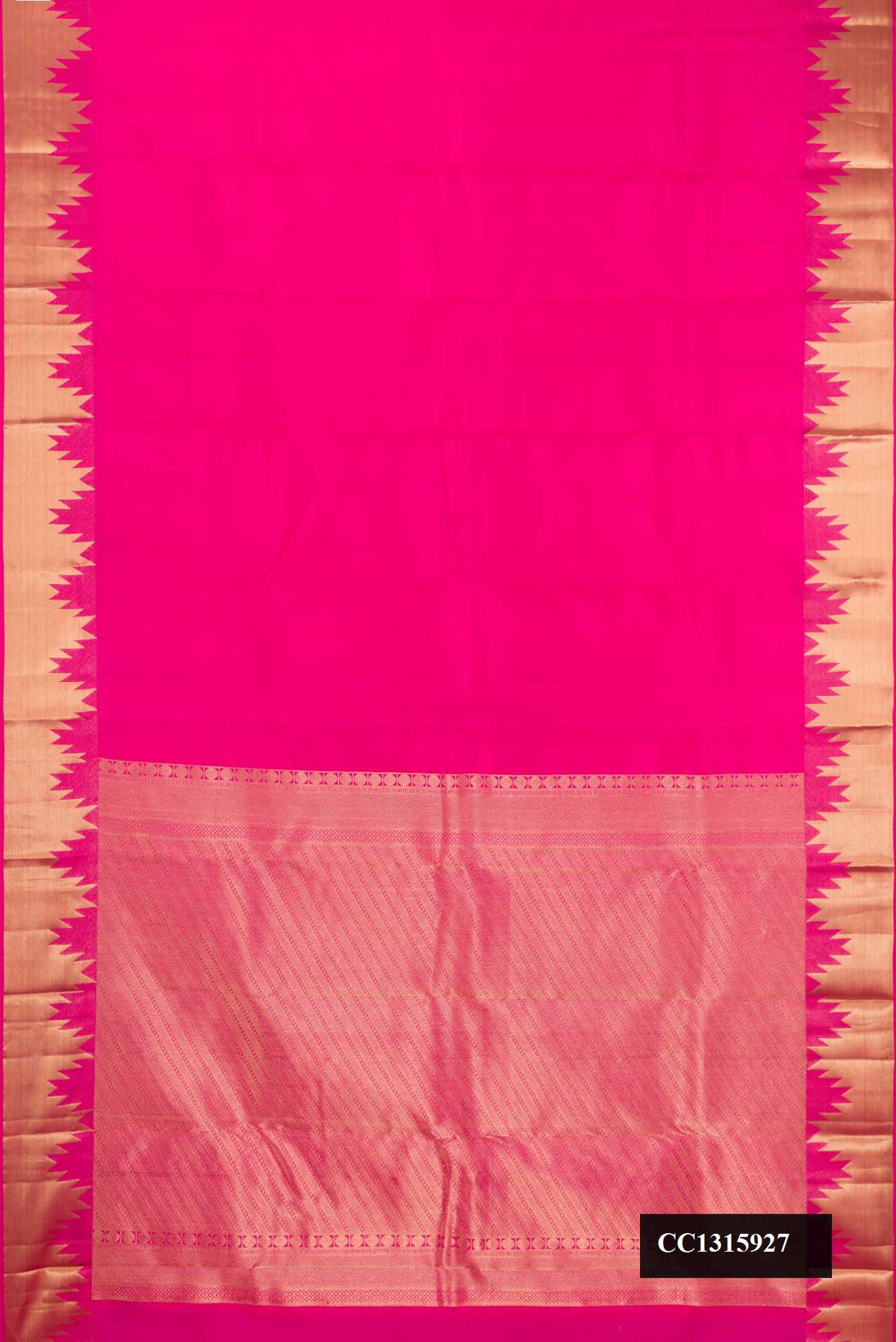 Dark Pink Dual Tone Kanchipuram Silk Saree with Plain Body and Temple Border.  displayed on a mannequin