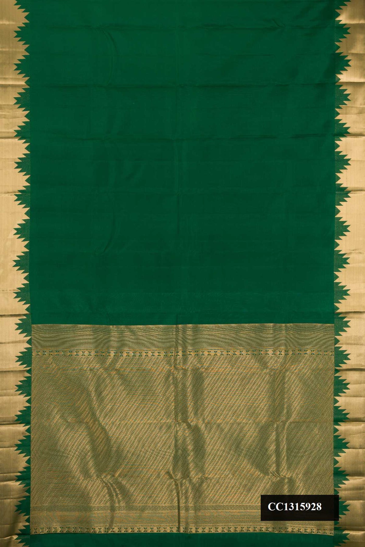 Bottle Green Dual Tone Kanchipuram Silk Saree with Plain Body and Temple Border.  displayed on a mannequin