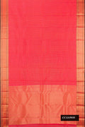 Coral Dual Tone Kanchipuram Silk Saree with Checked design on the body and Zari Border.  displayed on a mannequin