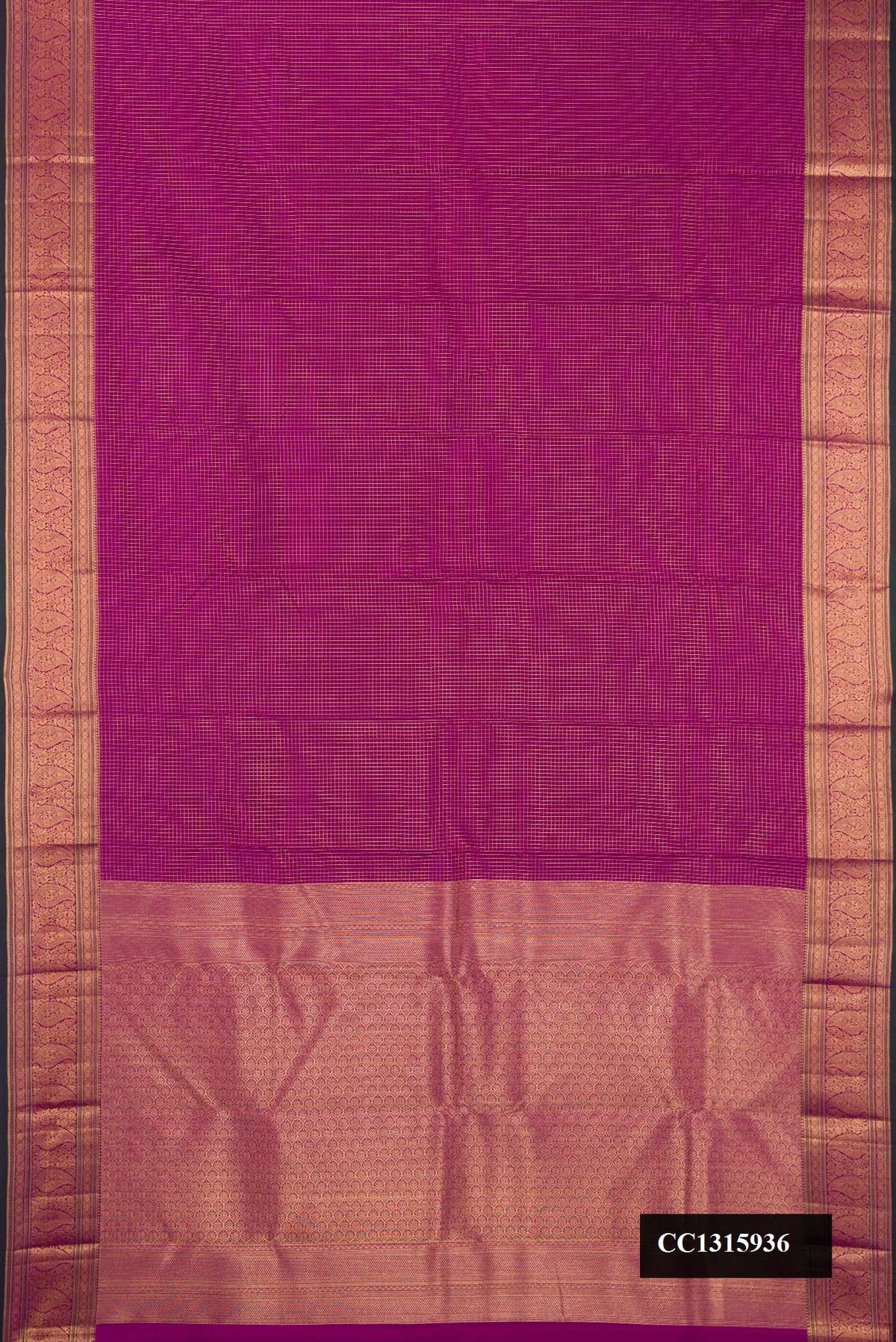 Purple Dual Tone Kanchipuram Silk Saree with Checked design on the body and Zari Border.  displayed on a mannequin