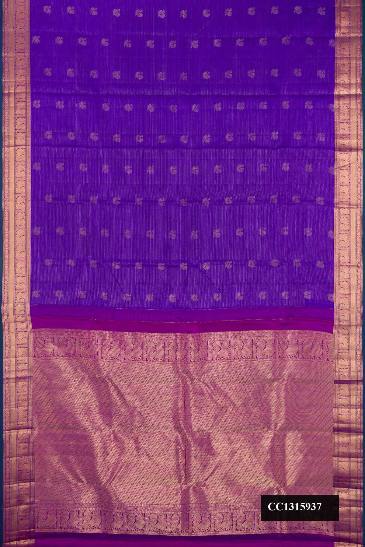 Royal Blue Dual Tone Kanchipuram Silk Saree with Stripes on the body and Zari Border.  displayed on a mannequin