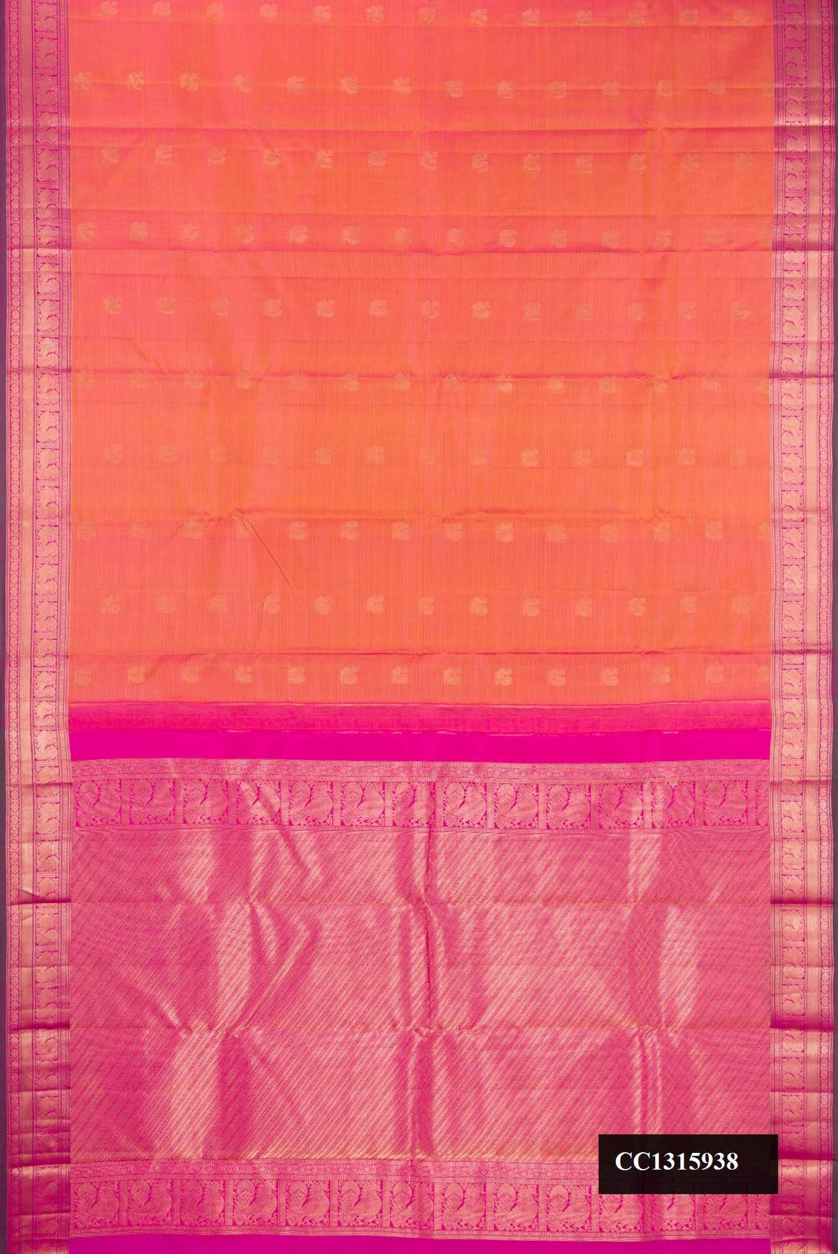 Mustard Dual Tone Kanchipuram Silk Saree with Stripes on the body and Zari Border.  displayed on a mannequin