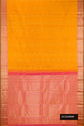 Mustard Dual Tone Kanchipuram Silk Saree with Stripes on the body and Zari Border.  displayed on a mannequin