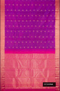 Purple Dual Tone Kanchipuram Silk Saree with Stripes on the body and Zari Border.  displayed on a mannequin